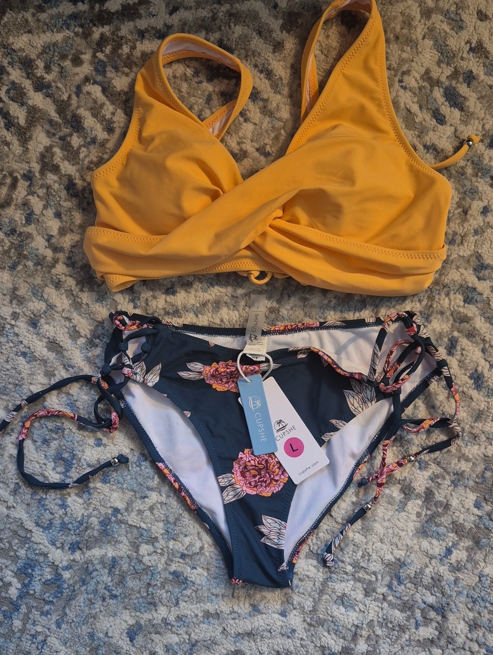 Cupshe Yellow Twist Bikini Top with Navy Floral Tie-Side Bottoms